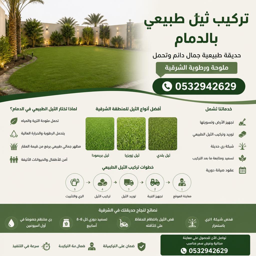 تركيب ثيل طبيعي بالدمام 0532942629 | الدليل الشامل لحديقة طبيعية تتحمل ملوحة ورطوبة الشرقية